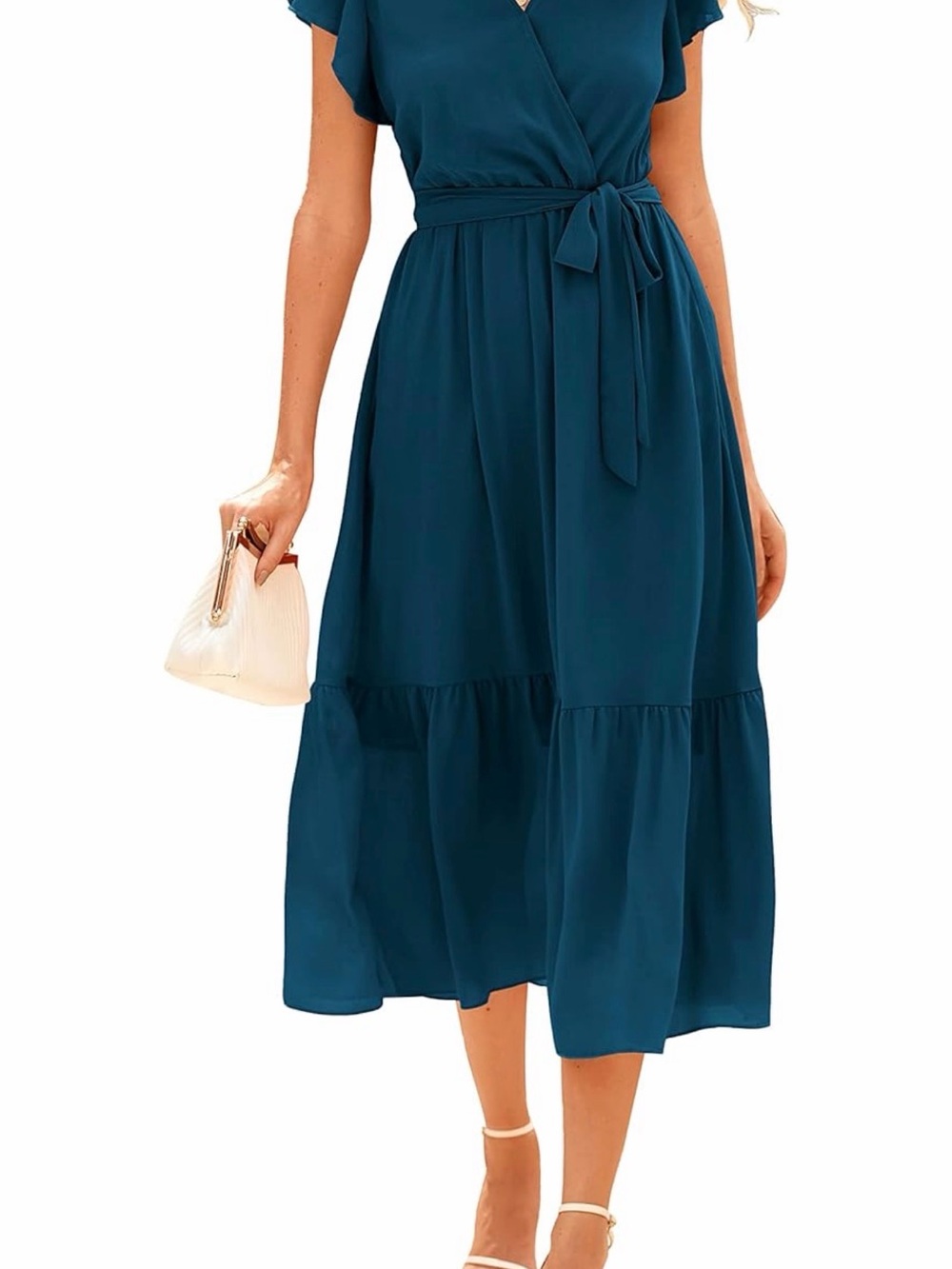 BTFBM Women Summer Bohemian Wrap V Neck Ruffle Dress - Solid Lake Size M
